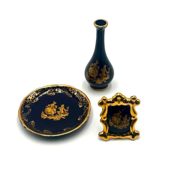 Limoges France Cobalt Blue & 22KT Gold Miniature Vase, Plate, Frame SET OF 3 - Picture 1 of 11